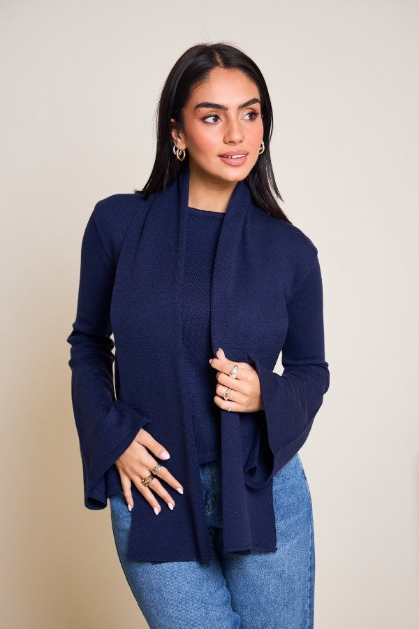 Scarved Knitted Navy Blue Top