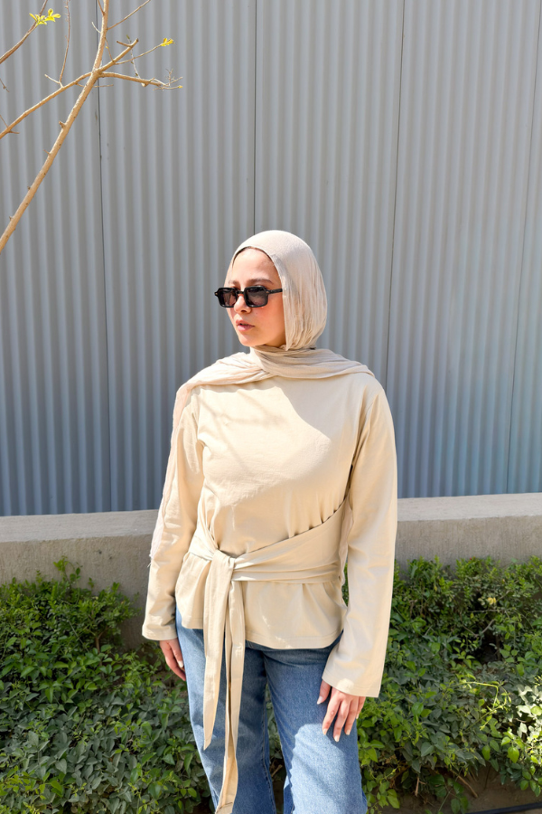 Tied Waist Top In Beige