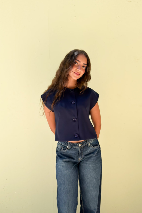 Cropped Basic Vest In Navy Blue