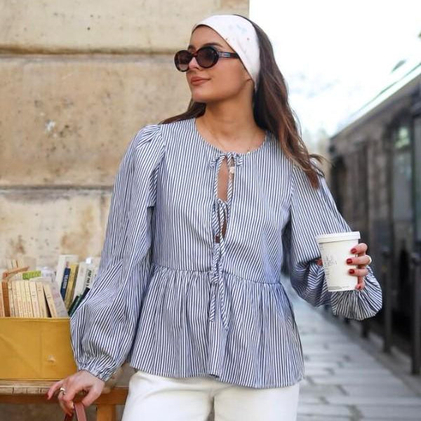 Striped Bow Oversized Shirt In Blue