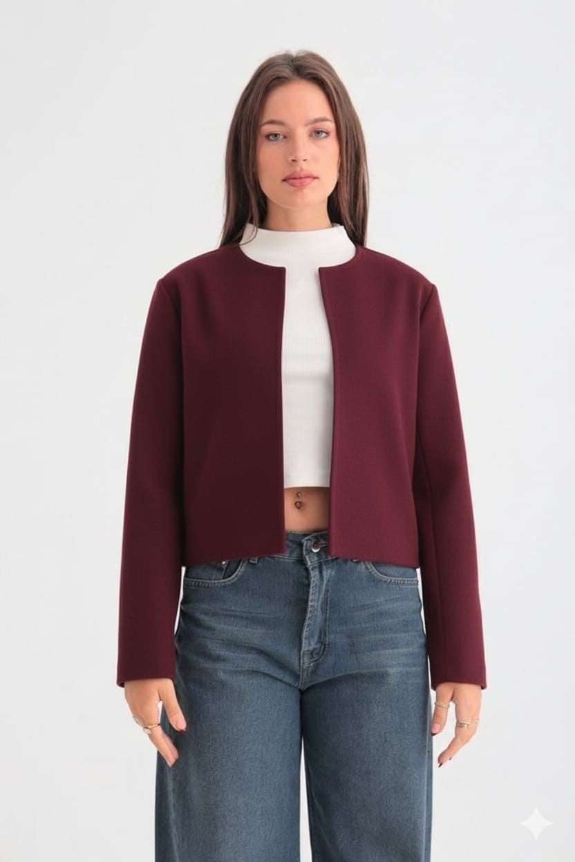Cropped Scarved Burgundy Jacket