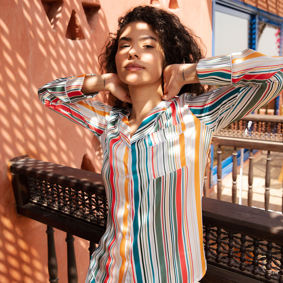 Colorful Buttoned Long Sleeved With Front Pocket Satin Pyjama Set