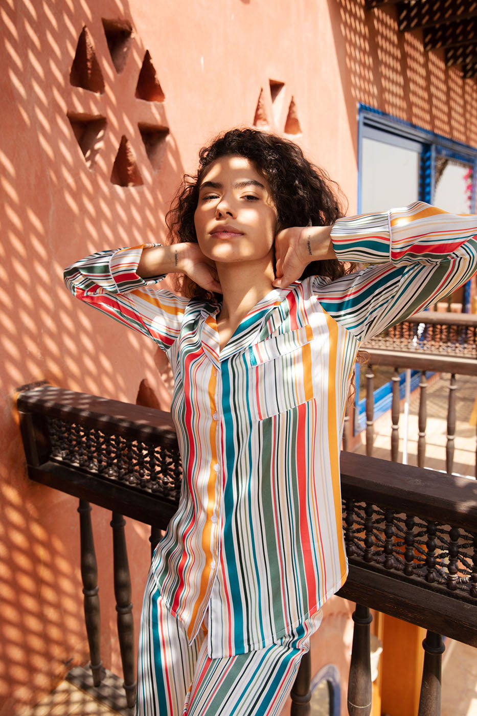 Colorful Buttoned Long Sleeved With Front Pocket Satin Pyjama Set