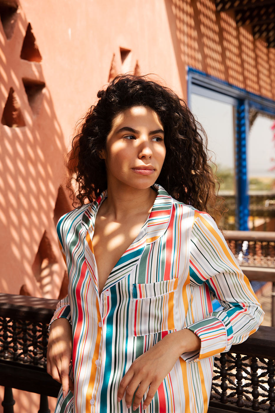 Colorful Buttoned Long Sleeved With Front Pocket Satin Pyjama Set