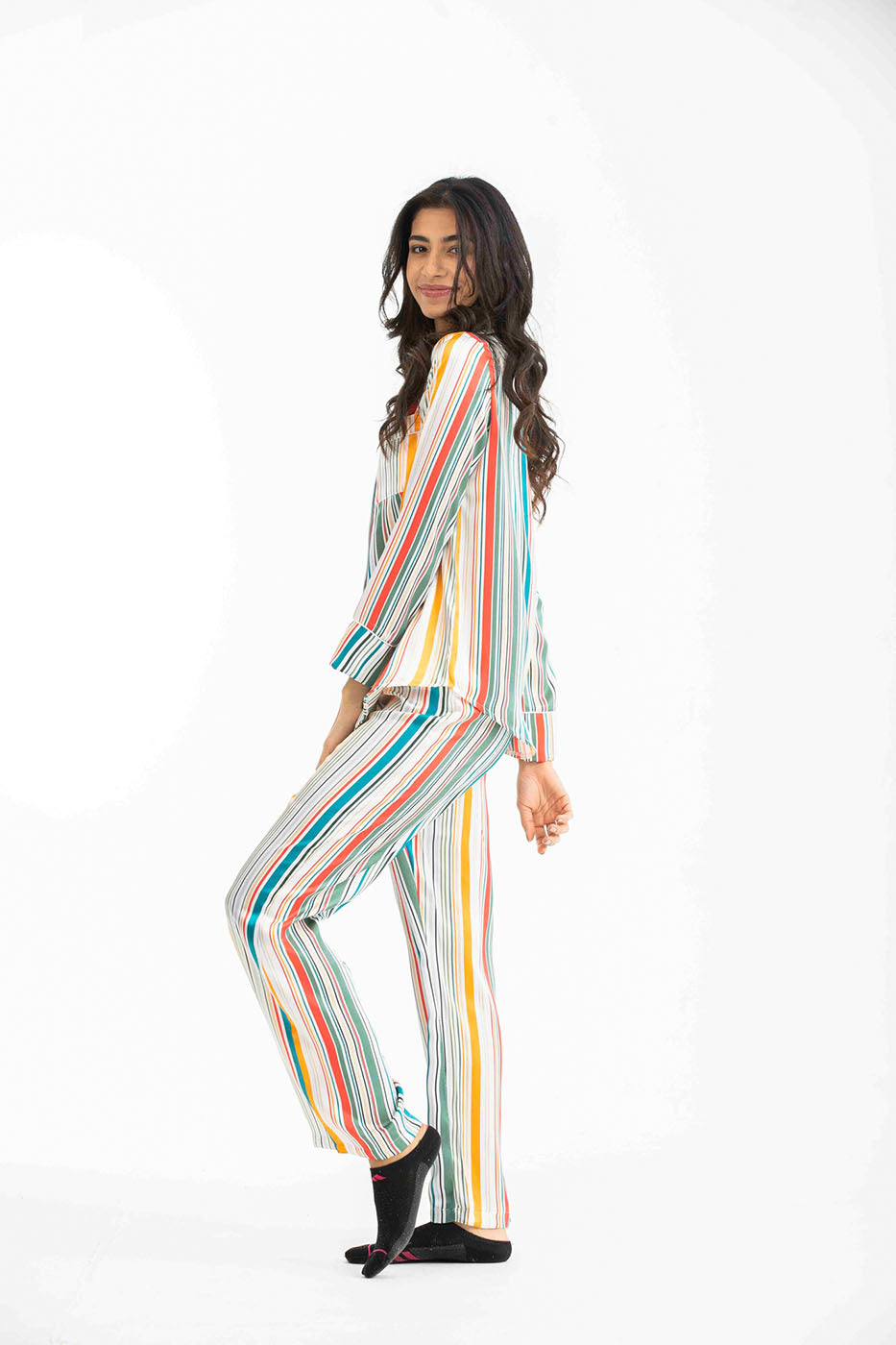 Colorful Buttoned Long Sleeved With Front Pocket Satin Pyjama Set