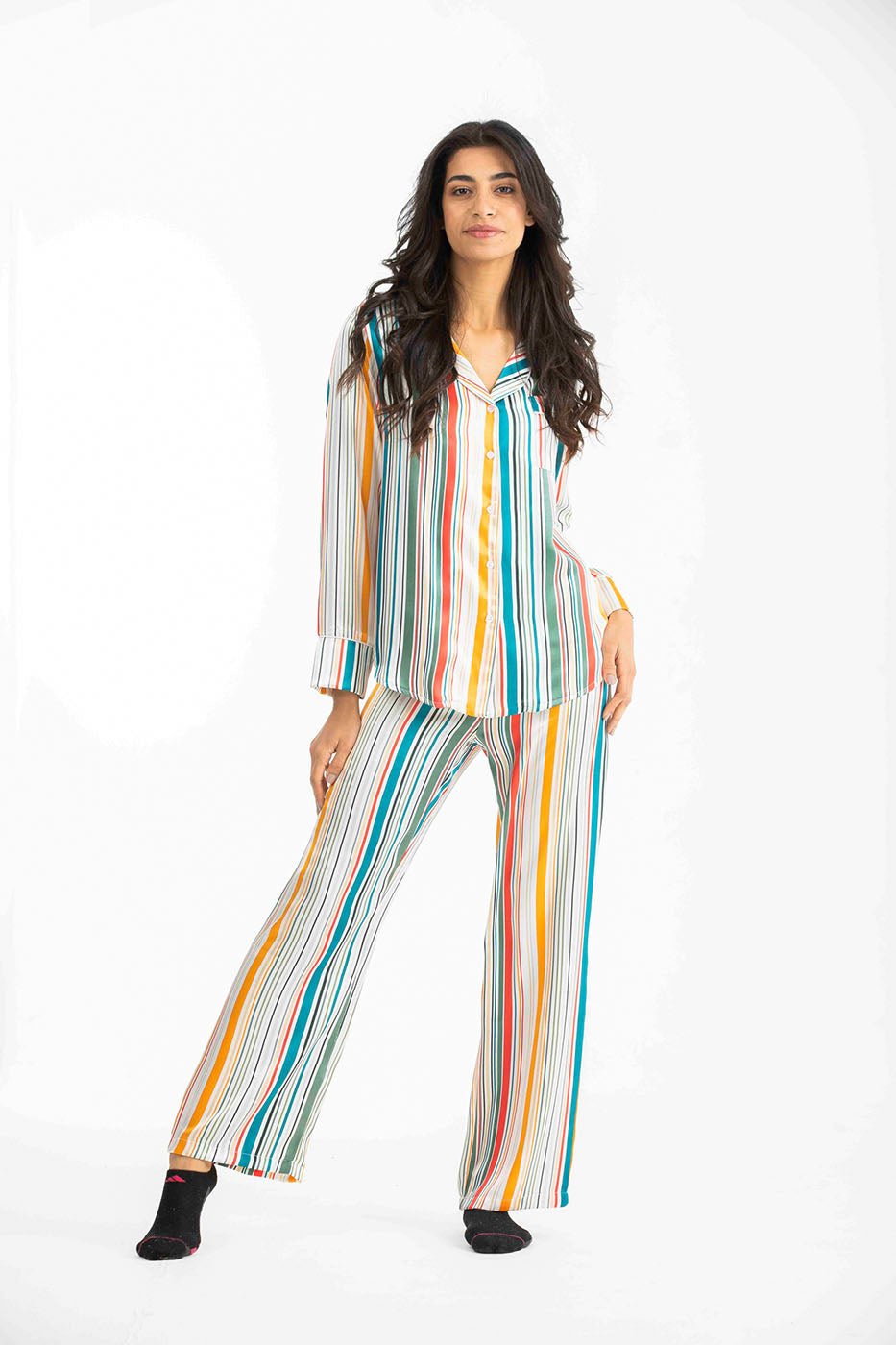 Colorful Buttoned Long Sleeved With Front Pocket Satin Pyjama Set