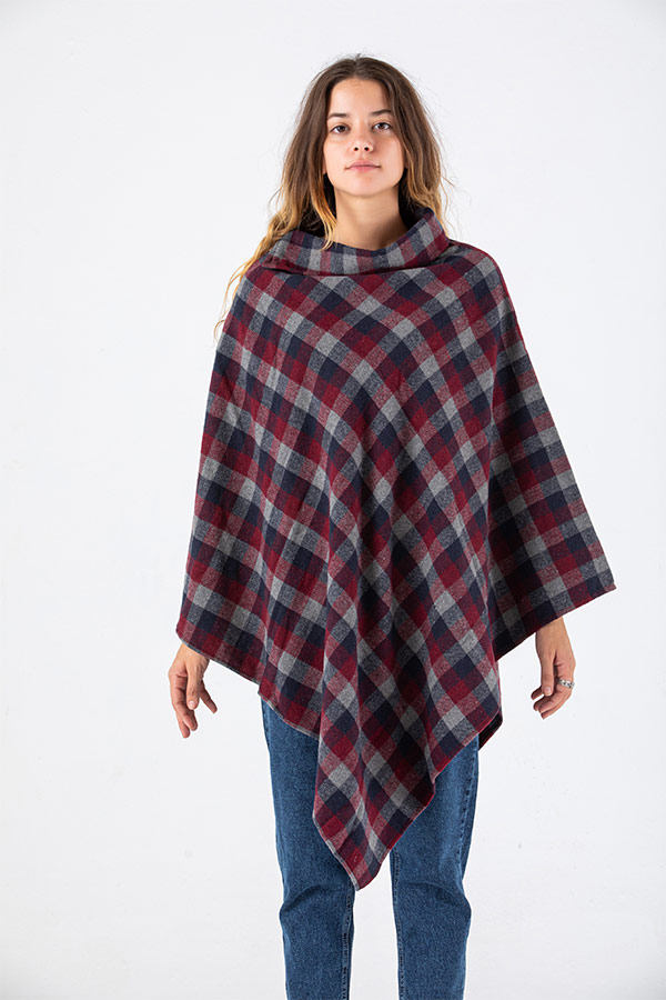 Wine Checkered Poncho - FYI - Shop now from Dresscode