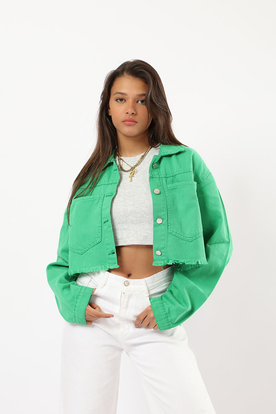 Cropped Denim Jacket In Green From Dresscode in Egypt