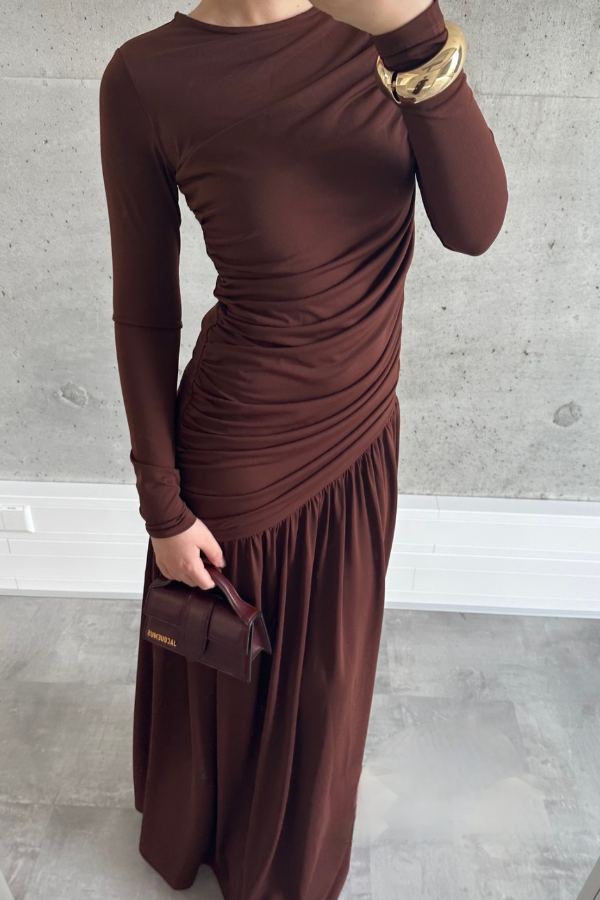 Draped Maxi Brown Dress thumbnail